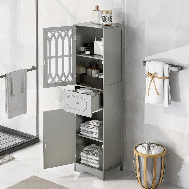 Meuble de Rangement Haut et Étroit pour Salle de Bain avec Étagère Réglable, Tiroir et 2 Portes, Colonne de Rangement Autoportante