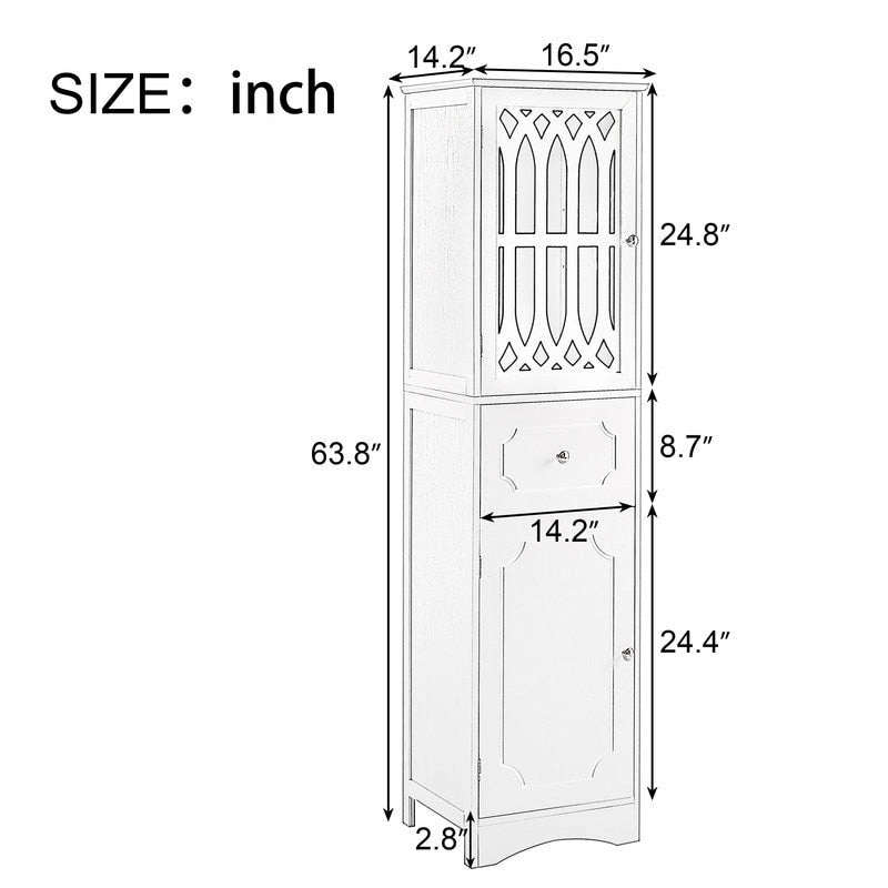 Meuble de Rangement Haut et Étroit pour Salle de Bain avec Étagère Réglable, Tiroir et 2 Portes, Colonne de Rangement Autoportante