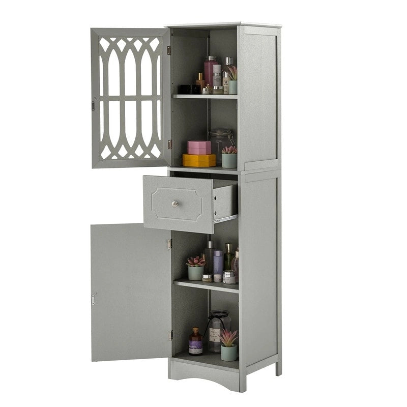 Meuble de Rangement Haut et Étroit pour Salle de Bain avec Étagère Réglable, Tiroir et 2 Portes, Colonne de Rangement Autoportante