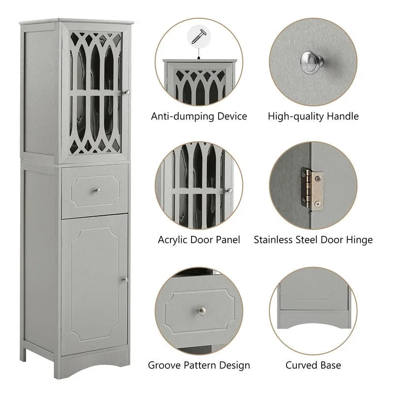 Meuble de Rangement Haut et Étroit pour Salle de Bain avec Étagère Réglable, Tiroir et 2 Portes, Colonne de Rangement Autoportante