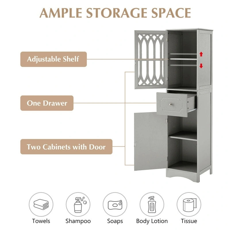 Meuble de Rangement Haut et Étroit pour Salle de Bain avec Étagère Réglable, Tiroir et 2 Portes, Colonne de Rangement Autoportante