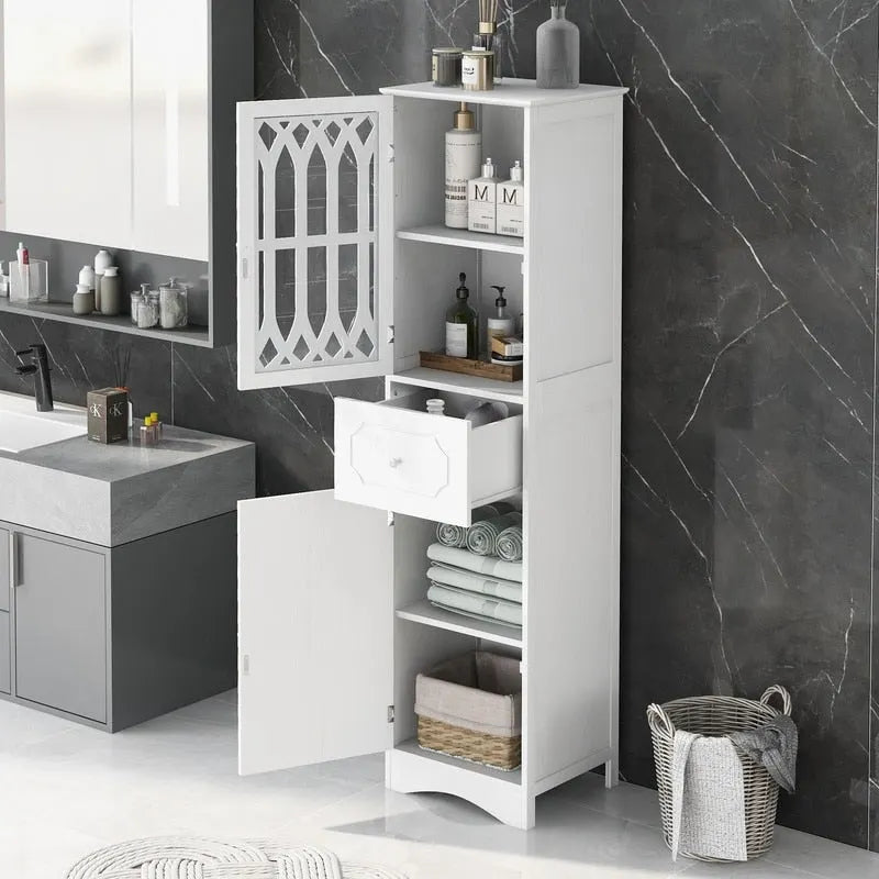 Meuble de Rangement Haut et Étroit pour Salle de Bain avec Étagère Réglable, Tiroir et 2 Portes, Colonne de Rangement Autoportante