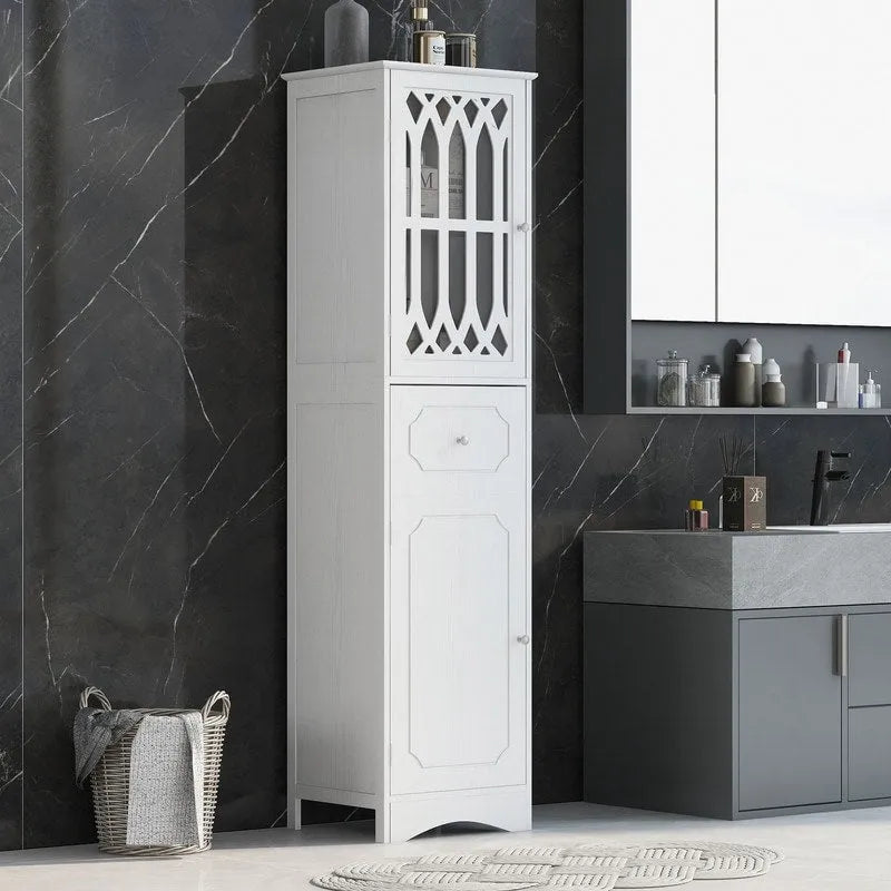 Meuble de Rangement Haut et Étroit pour Salle de Bain avec Étagère Réglable, Tiroir et 2 Portes, Colonne de Rangement Autoportante