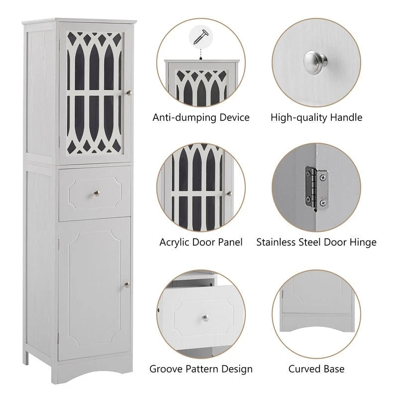 Meuble de Rangement Haut et Étroit pour Salle de Bain avec Étagère Réglable, Tiroir et 2 Portes, Colonne de Rangement Autoportante