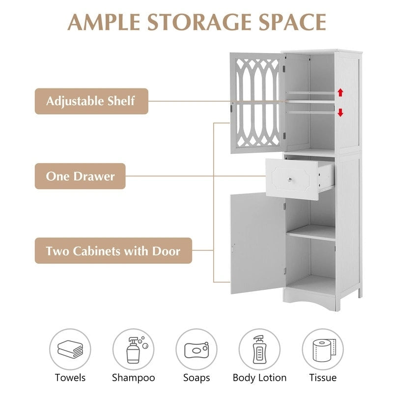 Meuble de Rangement Haut et Étroit pour Salle de Bain avec Étagère Réglable, Tiroir et 2 Portes, Colonne de Rangement Autoportante