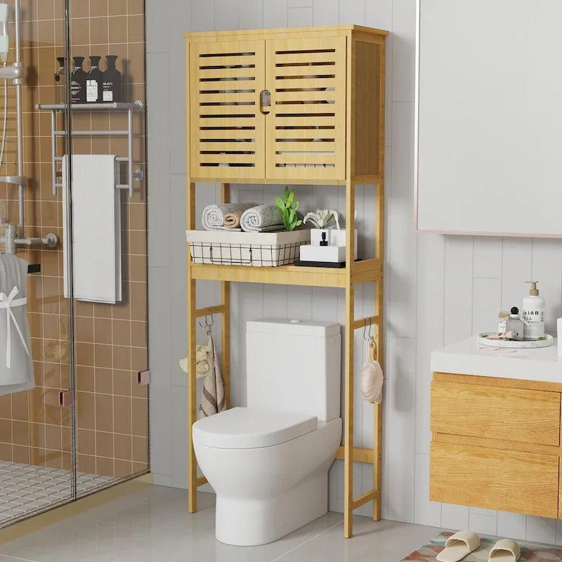Étagère de Rangement pour Toilettes en Bambou avec Étagère Ouverte et Placard