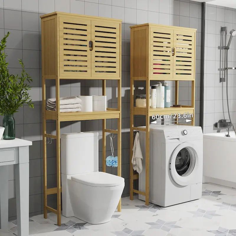 Étagère de Rangement pour Toilettes en Bambou avec Étagère Ouverte et Placard