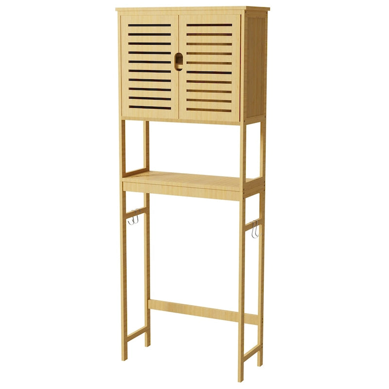 Étagère de Rangement pour Toilettes en Bambou avec Étagère Ouverte et Placard