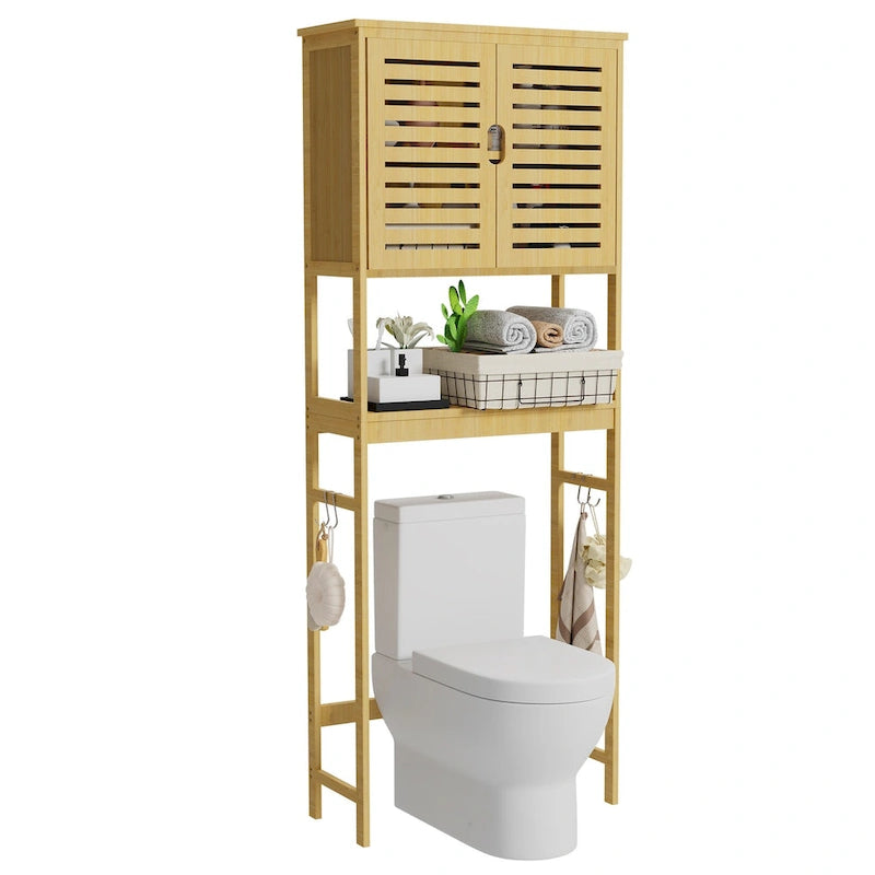 Étagère de Rangement pour Toilettes en Bambou avec Étagère Ouverte et Placard