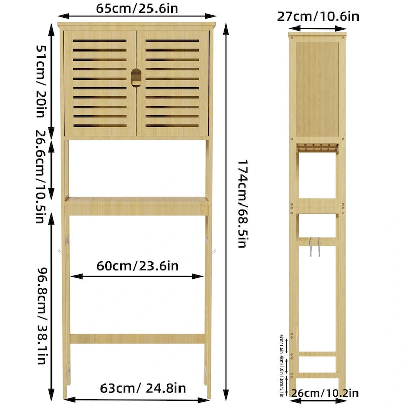Étagère de Rangement pour Toilettes en Bambou avec Étagère Ouverte et Placard