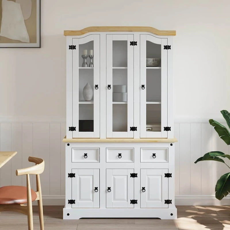 Buffet haut, 112x43x196 cm, blanc et plateau finition naturelle - 112 x 43 x 196