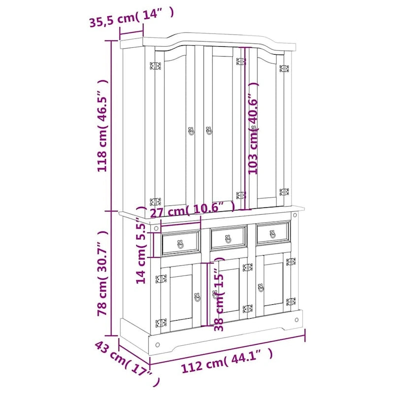 Buffet haut, 112x43x196 cm, blanc et plateau finition naturelle - 112 x 43 x 196