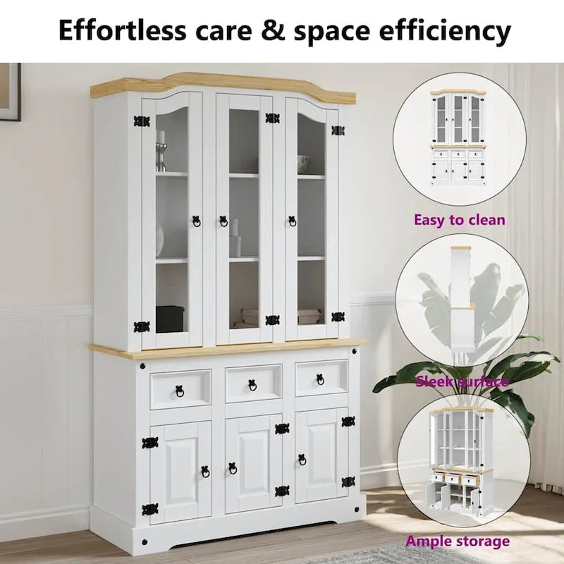 Buffet haut, 112x43x196 cm, blanc et plateau finition naturelle - 112 x 43 x 196