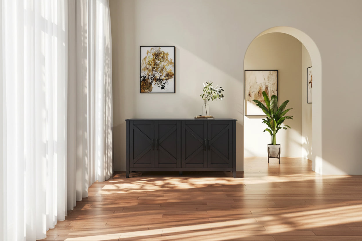 Cabinet with 4 Doors and 4 open shelgves,Freestanding Sideboard Storage Cabinet Entryway Floor Cabinet
