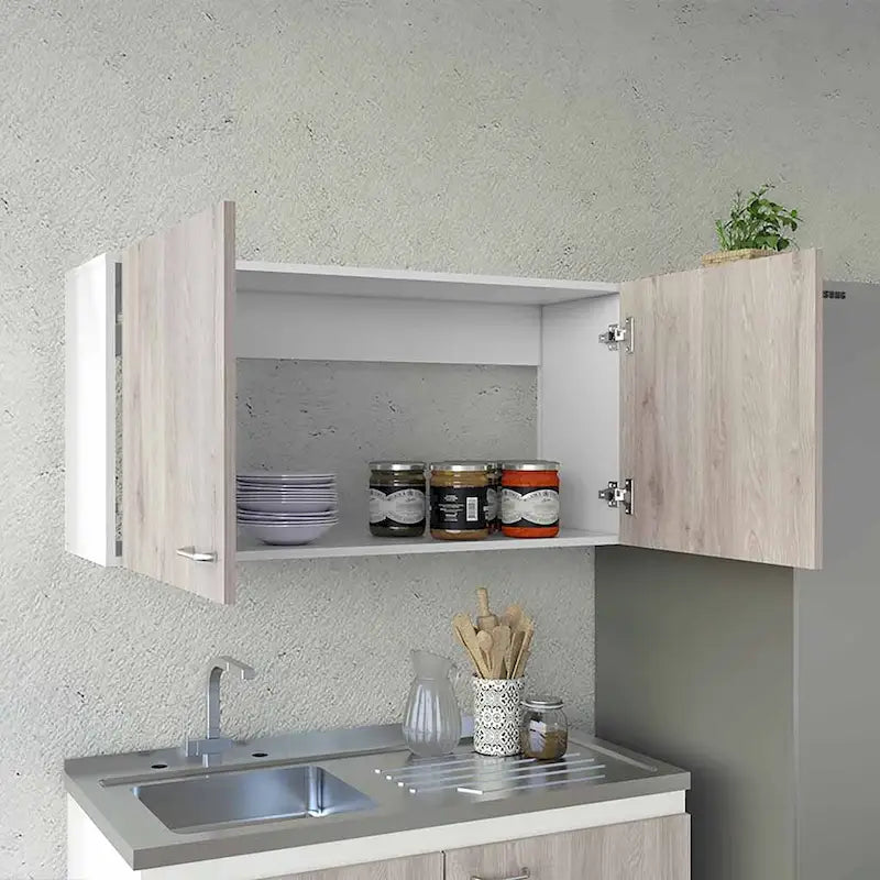 Armoire murale, deux étagères, double porte, finition blanc/gris clair, haute qualité et durable