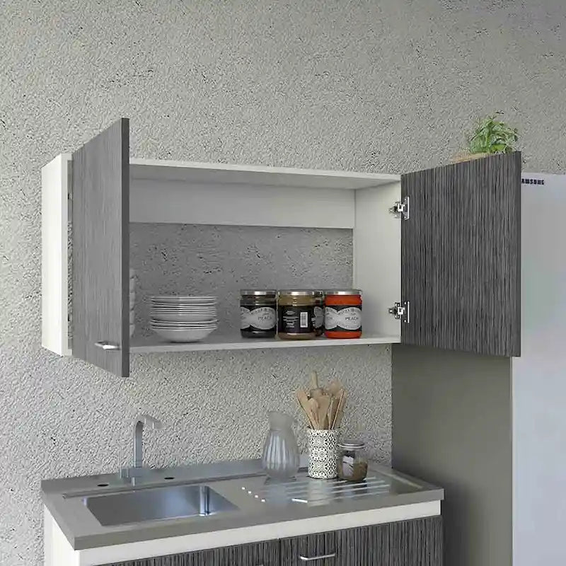 Armoire murale, deux étagères, double porte, finition blanc/gris clair, haute qualité et durable