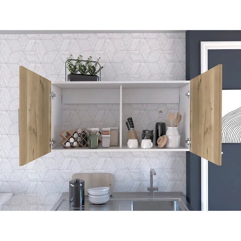 Armoire murale, deux étagères, double porte, finition blanc/gris clair, haute qualité et durable