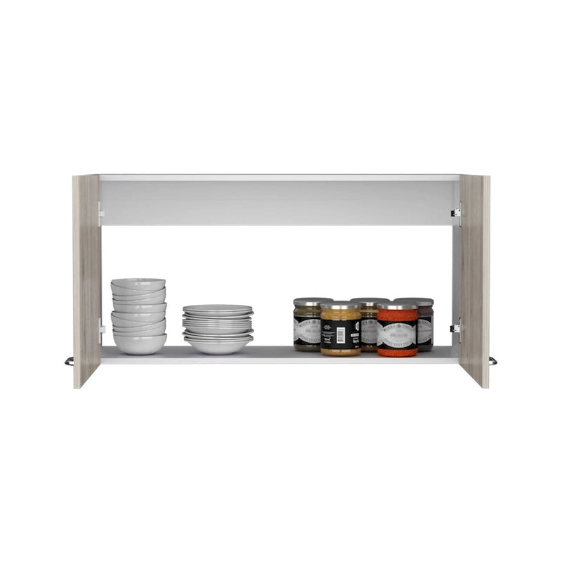 Armoire murale, deux étagères, double porte, finition blanc/gris clair, haute qualité et durable