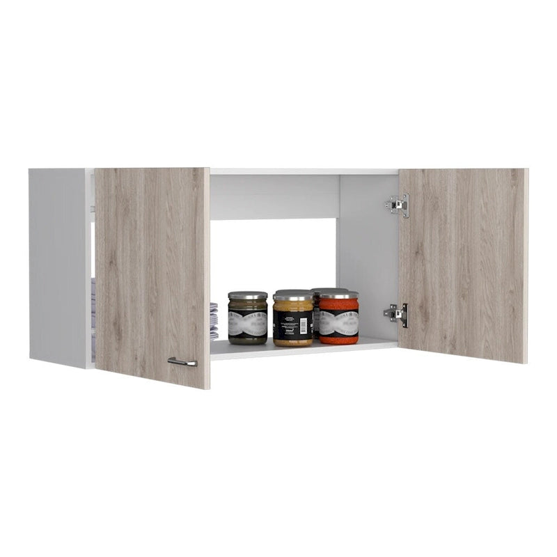 Armoire murale, deux étagères, double porte, finition blanc/gris clair, haute qualité et durable