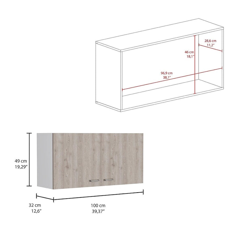 Armoire murale, deux étagères, double porte, finition blanc/gris clair, haute qualité et durable