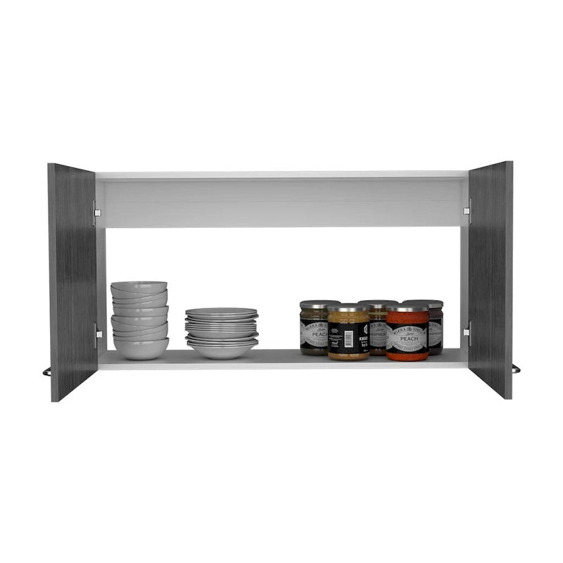Armoire murale, deux étagères, double porte, finition blanc/gris clair, haute qualité et durable