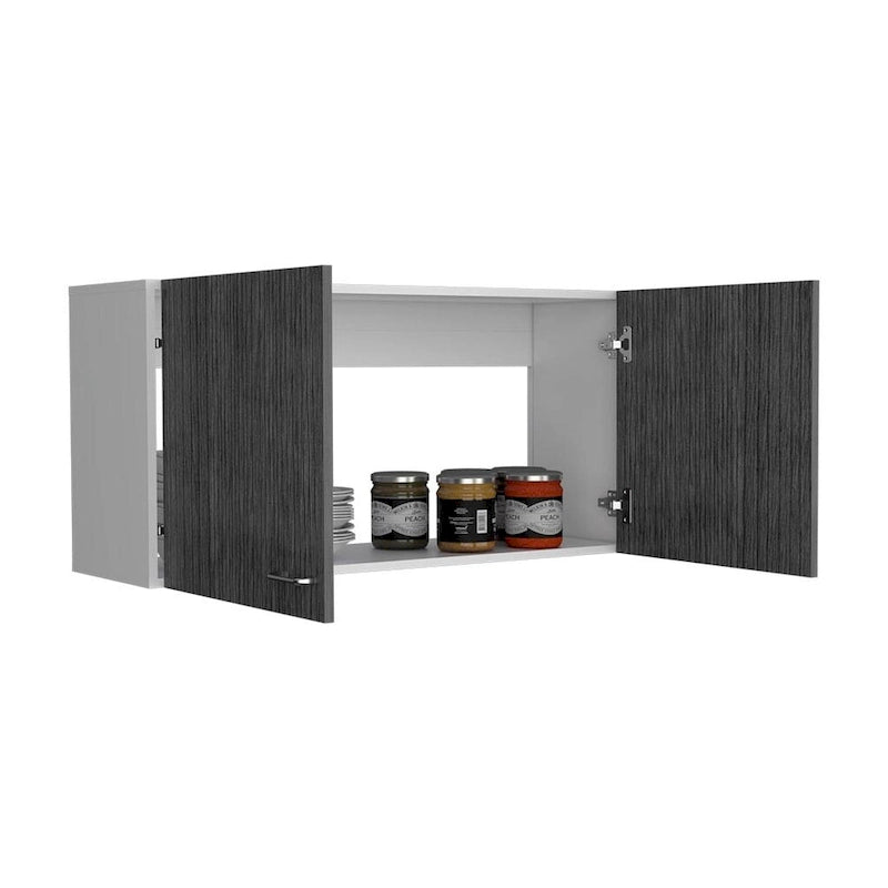 Armoire murale, deux étagères, double porte, finition blanc/gris clair, haute qualité et durable