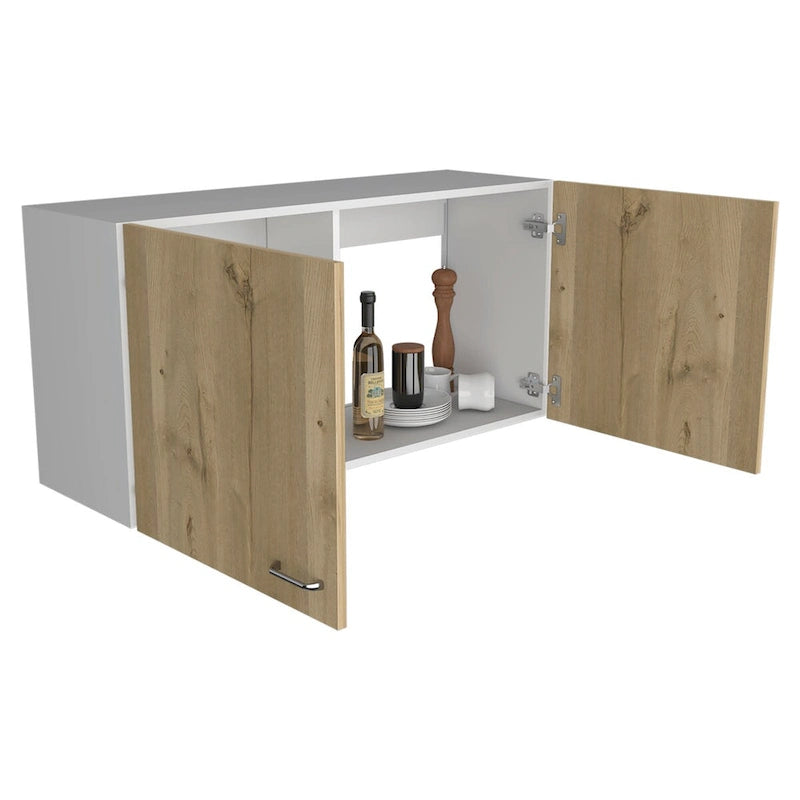 Armoire murale, deux étagères, double porte, finition blanc/gris clair, haute qualité et durable