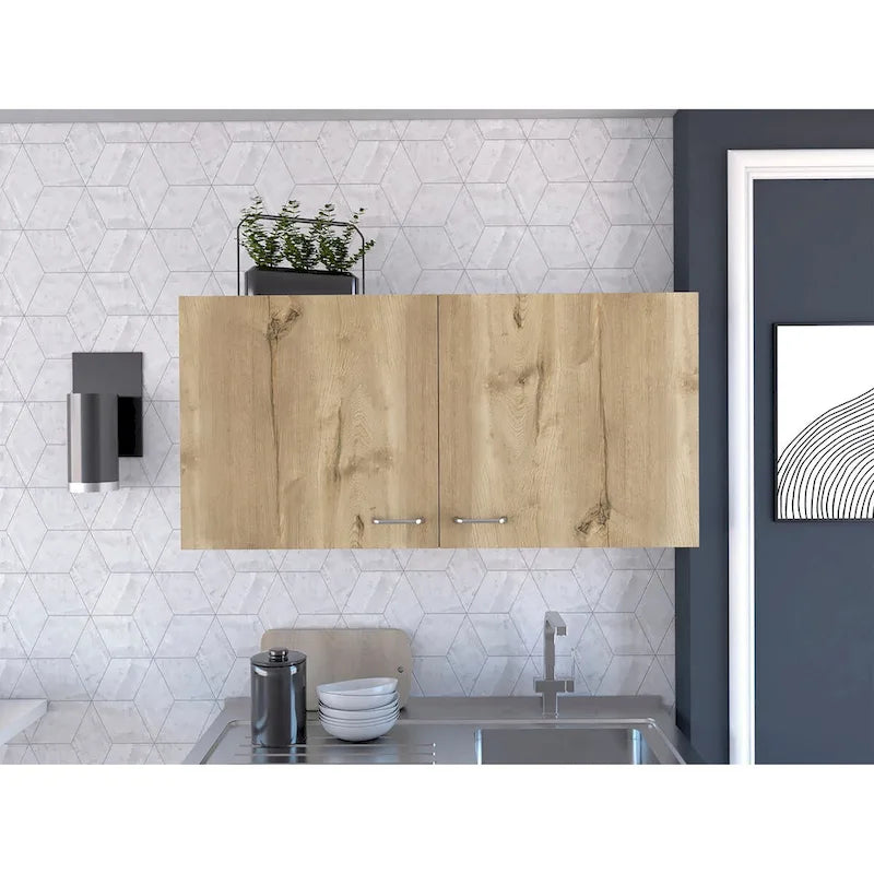 Armoire murale, deux étagères, double porte, finition blanc/gris clair, haute qualité et durable