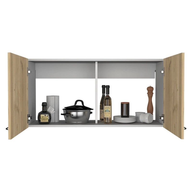 Armoire murale, deux étagères, double porte, finition blanc/gris clair, haute qualité et durable