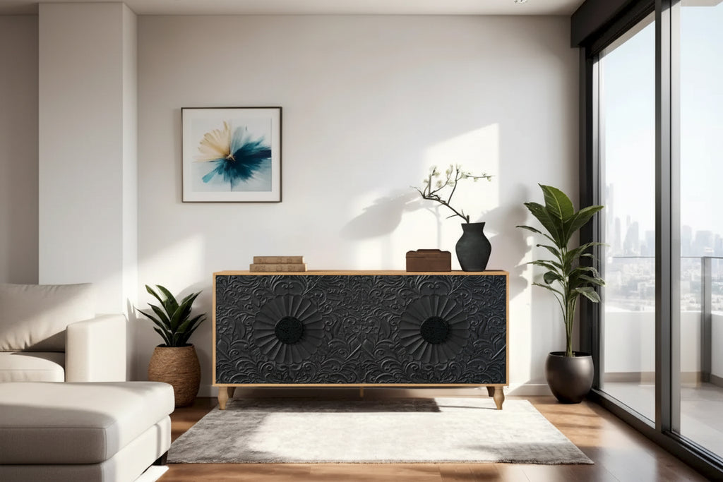 Black Carved Symmetrical Design Door And Wood Coloured Frame