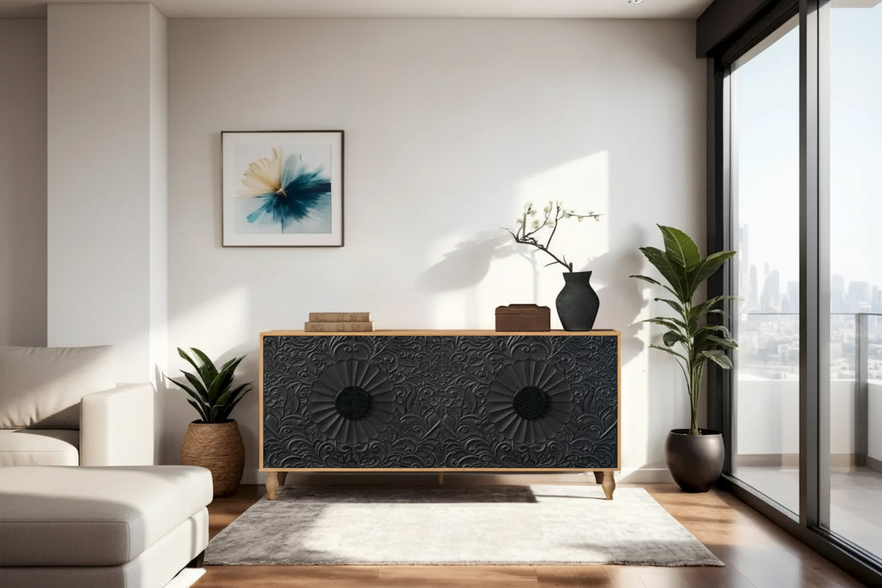 Black Carved Symmetrical Design Door And Wood Coloured Frame