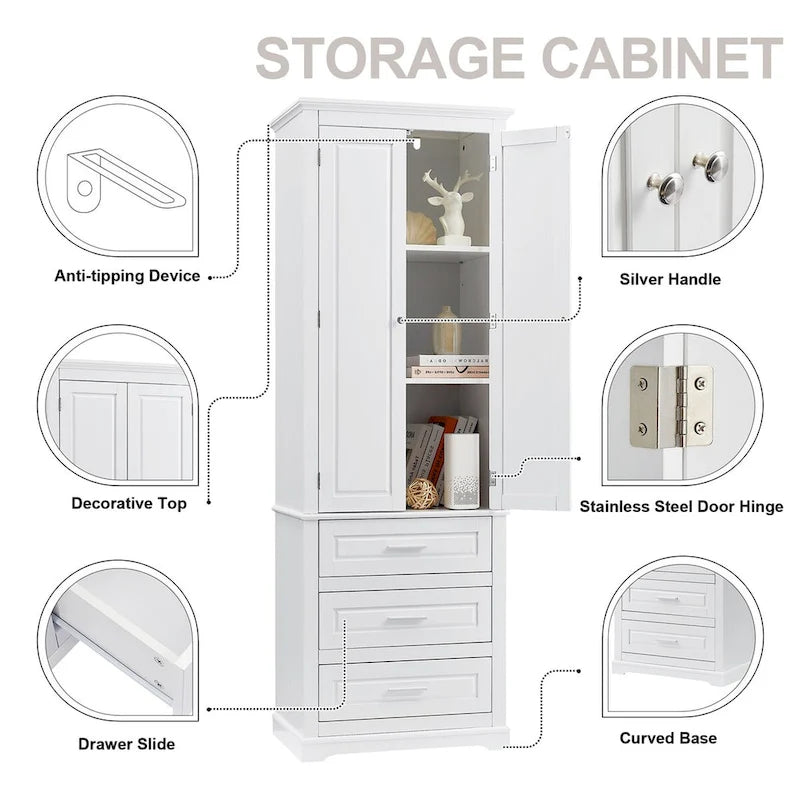 Meuble de rangement haut à trois tiroirs pour salle de bain/bureau, blanc