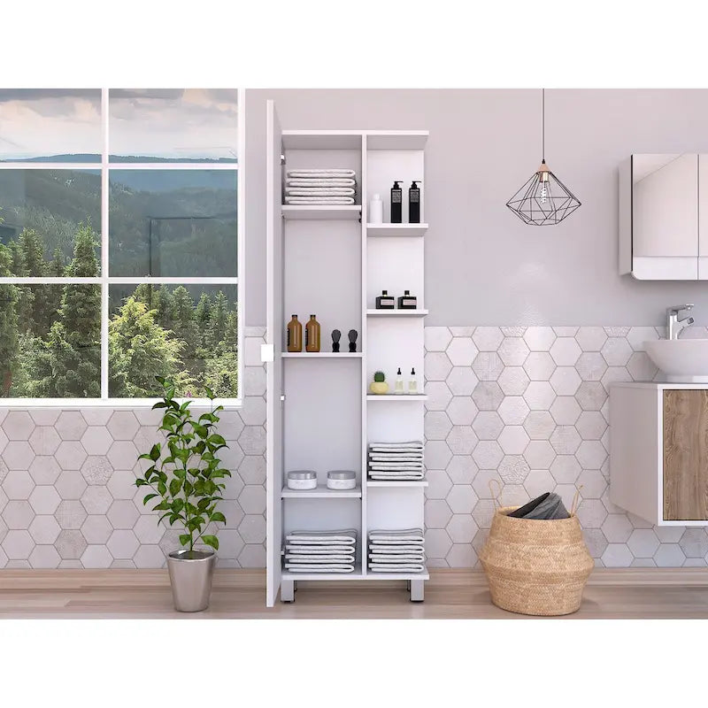 Meuble d'angle, cinq étagères ouvertes, une porte, finition blanche, haute qualité et durable