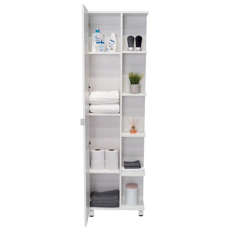 Meuble d'angle, cinq étagères ouvertes, une porte, finition blanche, haute qualité et durable