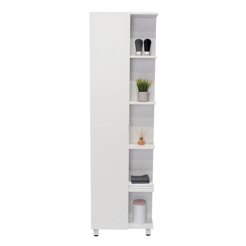 Meuble d'angle, cinq étagères ouvertes, une porte, finition blanche, haute qualité et durable