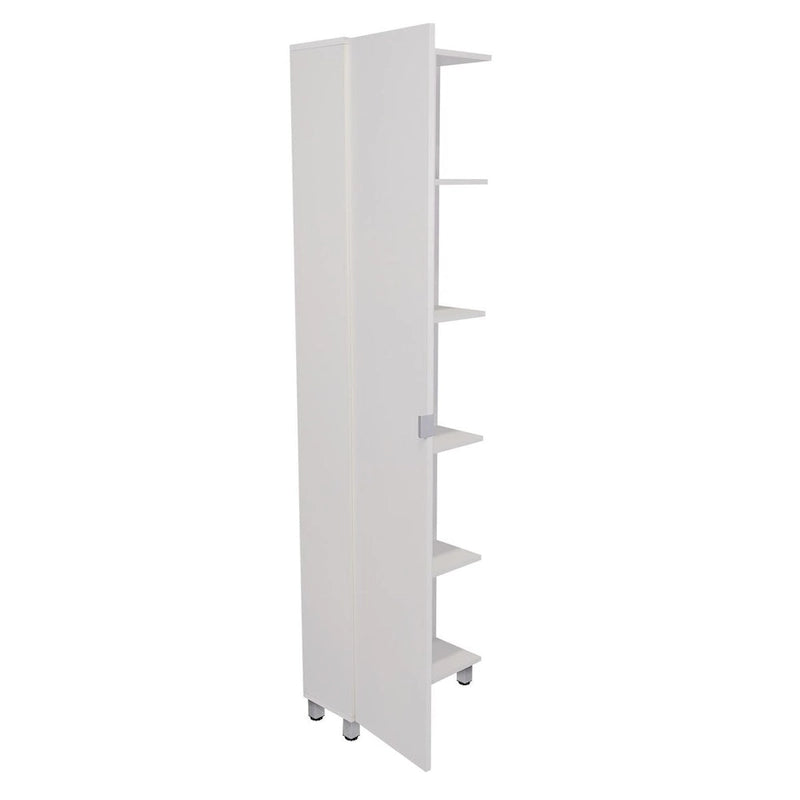Meuble d'angle, cinq étagères ouvertes, une porte, finition blanche, haute qualité et durable