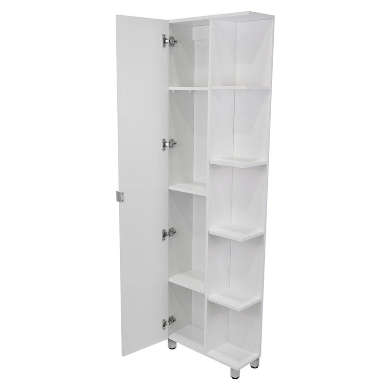 Meuble d'angle, cinq étagères ouvertes, une porte, finition blanche, haute qualité et durable