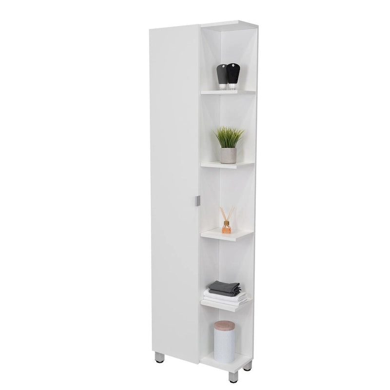Meuble d'angle, cinq étagères ouvertes, une porte, finition blanche, haute qualité et durable