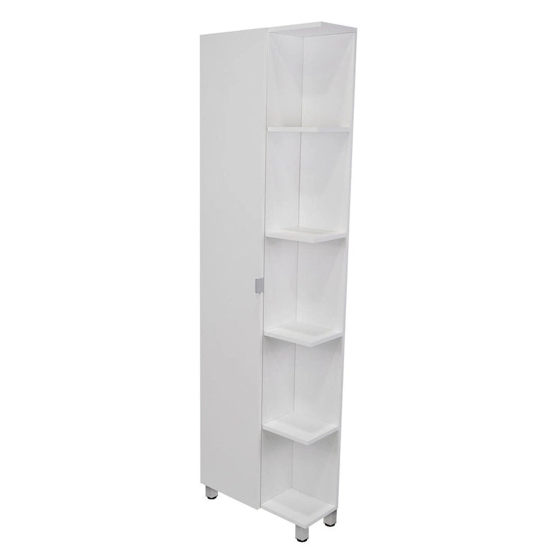 Meuble d'angle, cinq étagères ouvertes, une porte, finition blanche, haute qualité et durable