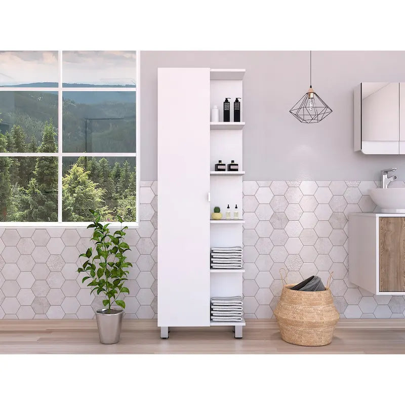 Meuble d'angle, cinq étagères ouvertes, une porte, finition blanche, haute qualité et durable