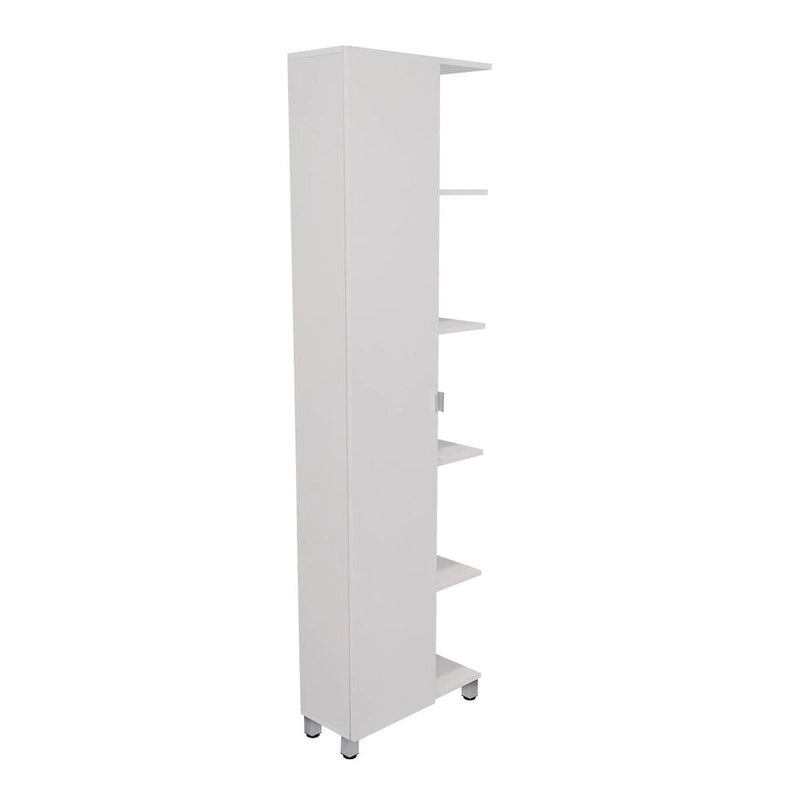 Meuble d'angle, cinq étagères ouvertes, une porte, finition blanche, haute qualité et durable