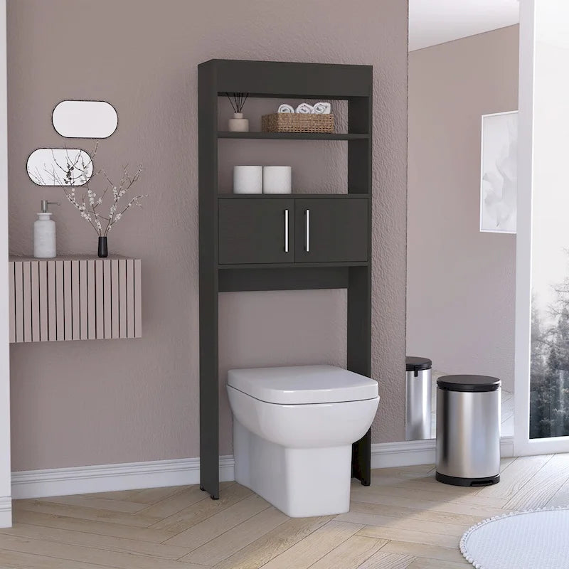 Meuble de Rangement WC, Double Porte, Deux Étagères - Noir