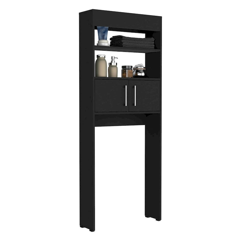 Meuble de Rangement WC, Double Porte, Deux Étagères - Noir
