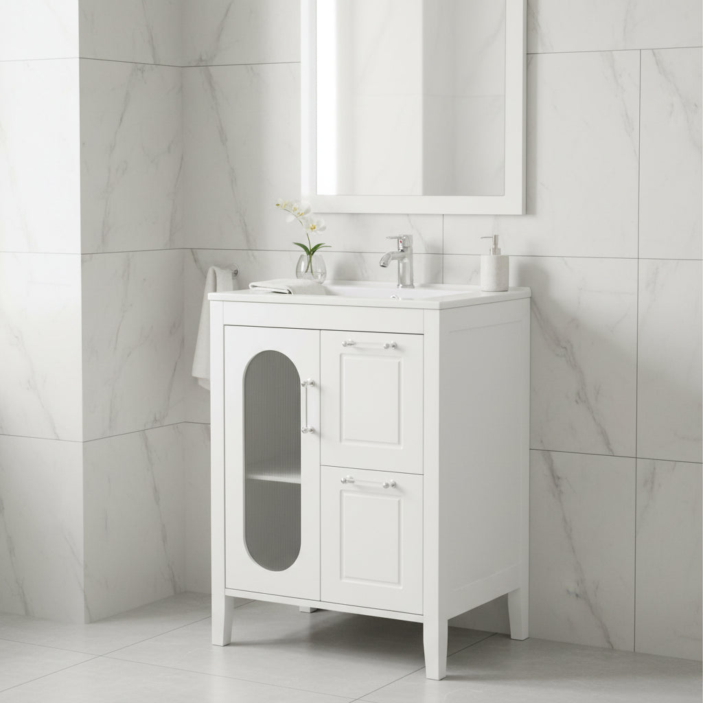 Meuble-lavabo de salle de bain avec deux tiroirs et porte