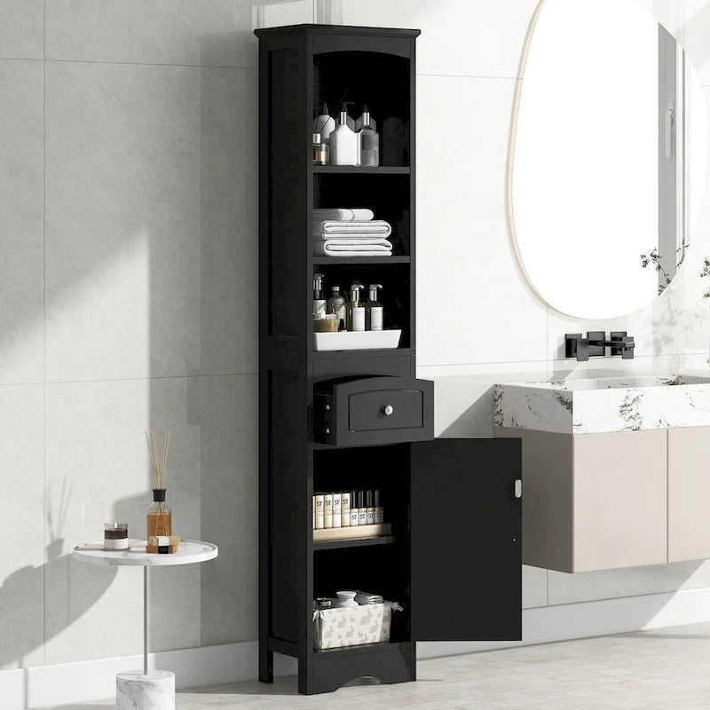 Colonne de salle de bain, Meuble de rangement sur pied avec tiroir, Panneau MDF, Étagère réglable, Noir