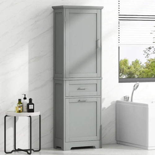 Meuble de rangement haut pour salle de bain, Armoire de rangement autonome avec deux tiroirs de tailles différentes et étagère réglable, Panneau MDF