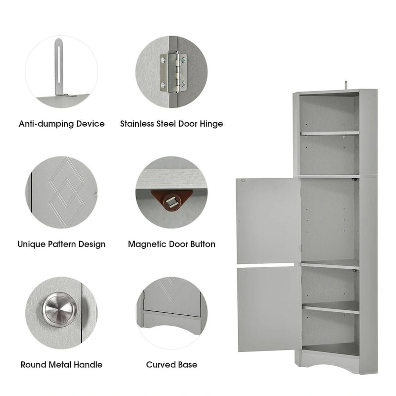 Meuble de salle de bain de 61 H, Organisateur de toilette étroit, Meuble d'angle haut, Meuble de rangement d'angle latéral