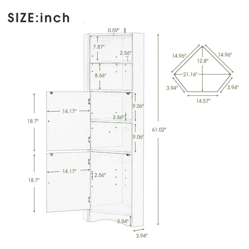Meuble de salle de bain de 61 H, Organisateur de toilette étroit, Meuble d'angle haut, Meuble de rangement d'angle latéral
